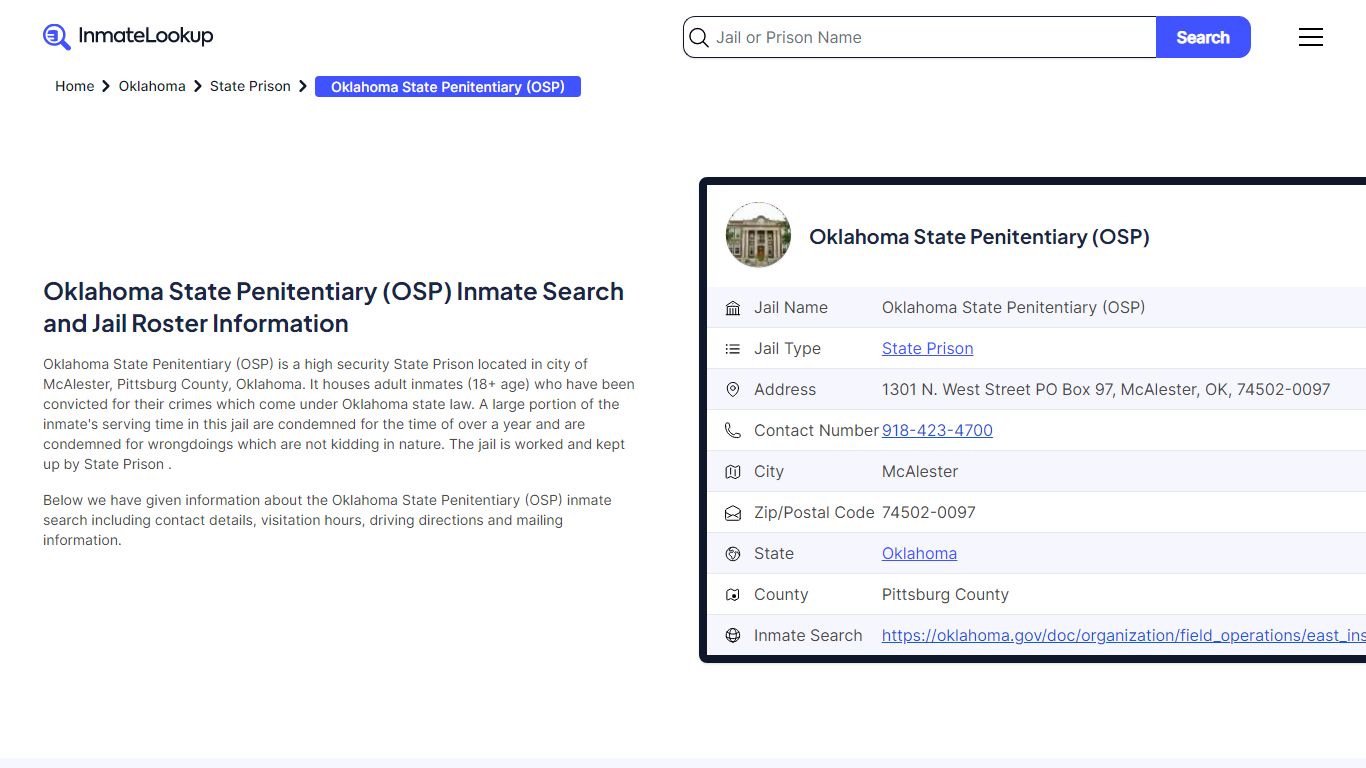 Oklahoma State Penitentiary (OSP) Inmate Search, Jail Roster, Bookings ...