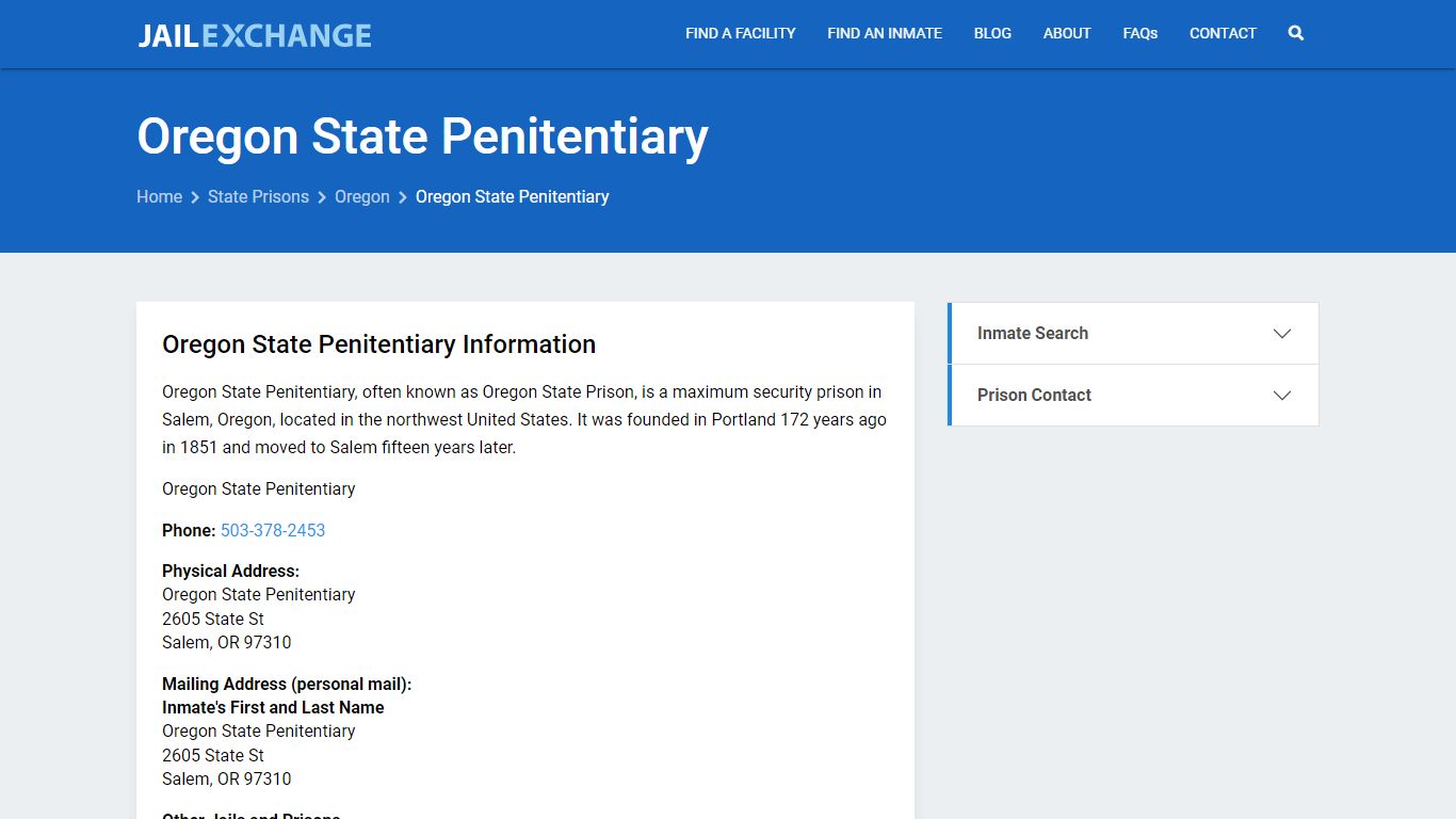 Oregon State Penitentiary Inmate Search, OR - Jail Exchange